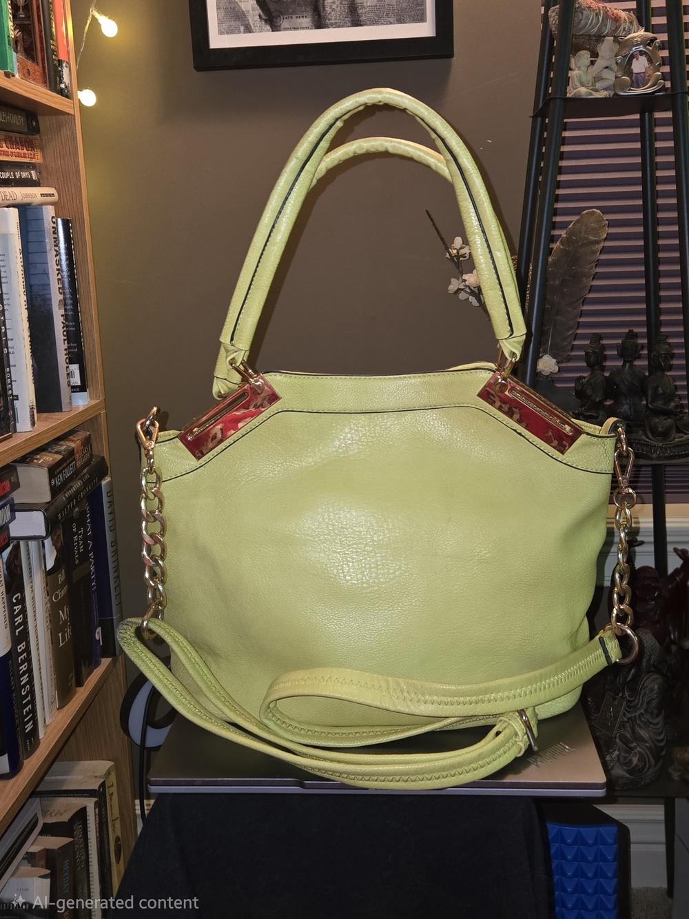 Black Rivet Lime Green Pebbled Satchel Handbag + Removable Organizer Pouch